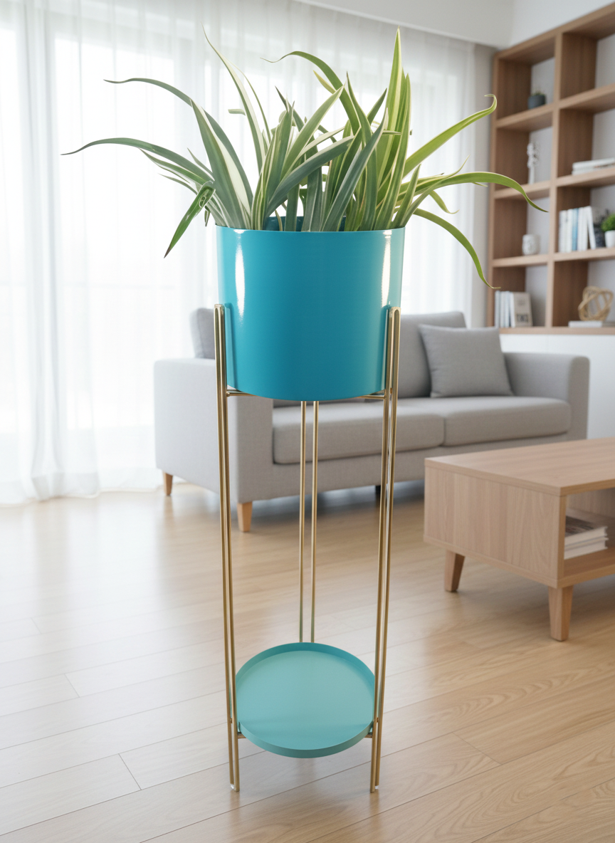 Turquoise planter with a plant on a gold stand in a living room setting.