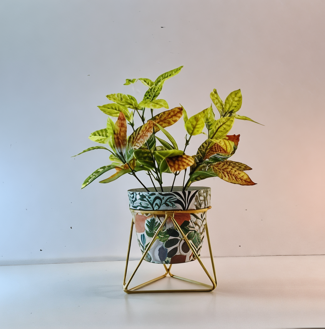 Printed Cone-Shaped Metal Planter with Triangular Stand