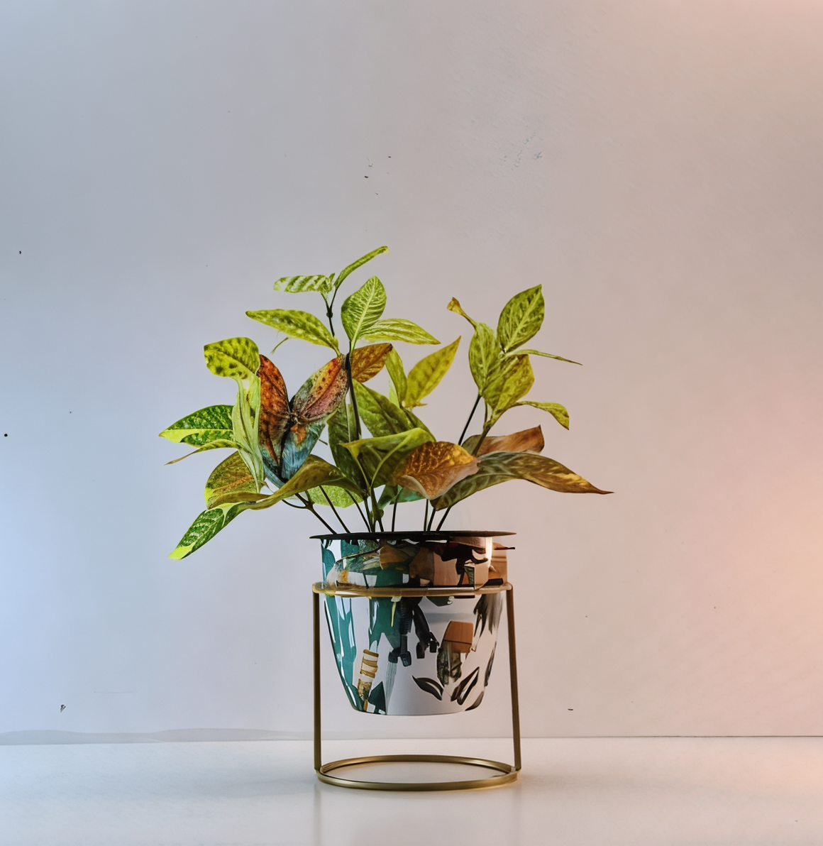Printed Cone-Shaped Metal Planter with Triangular Stand
