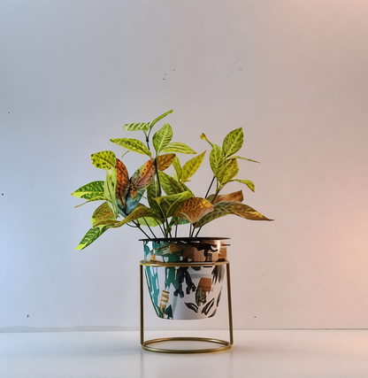 Printed Cone-Shaped Metal Planter with Triangular Stand