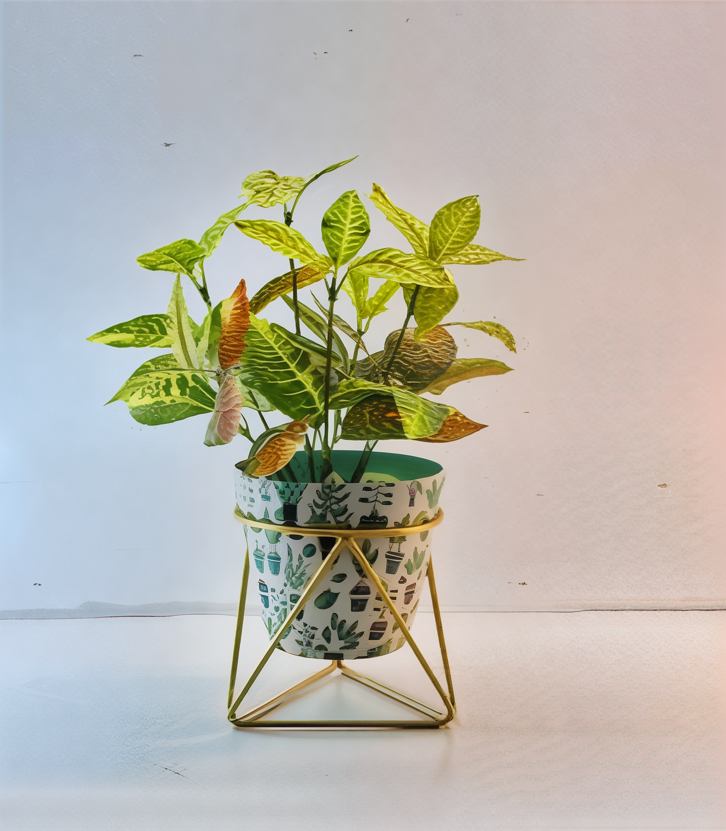 Printed Cone-Shaped Metal Planter with Triangular Stand