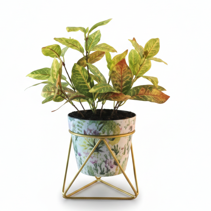 Printed Cone-Shaped Metal Planter with Triangular Stand