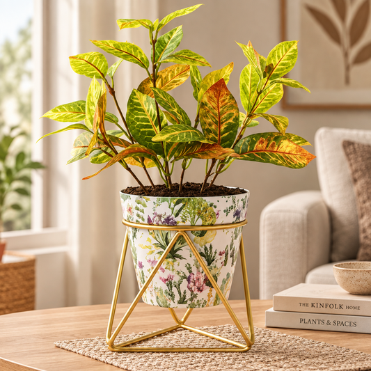 Printed Cone-Shaped Metal Planter with Triangular Stand