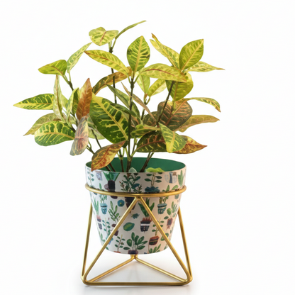 Printed Cone-Shaped Metal Planter with Triangular Stand
