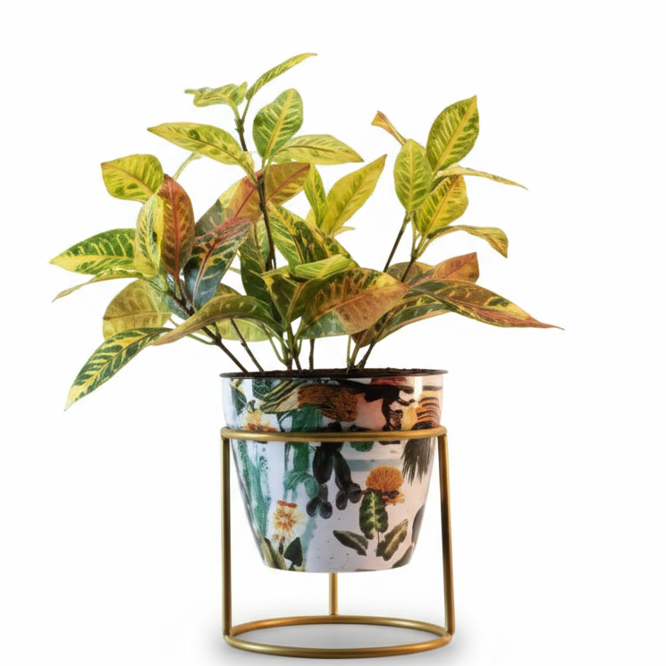 Printed Cone-Shaped Metal Planter with Triangular Stand
