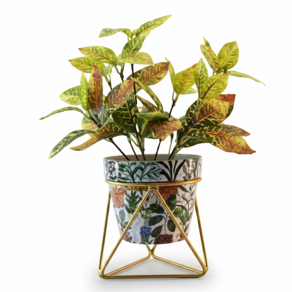Printed Cone-Shaped Metal Planter with Triangular Stand