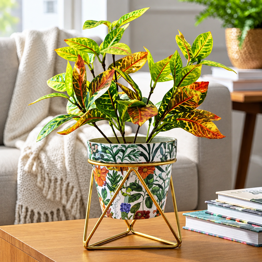 Printed Cone-Shaped Metal Planter with Triangular Stand