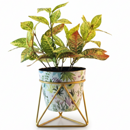 Printed Cone-Shaped Metal Planter with Triangular Stand