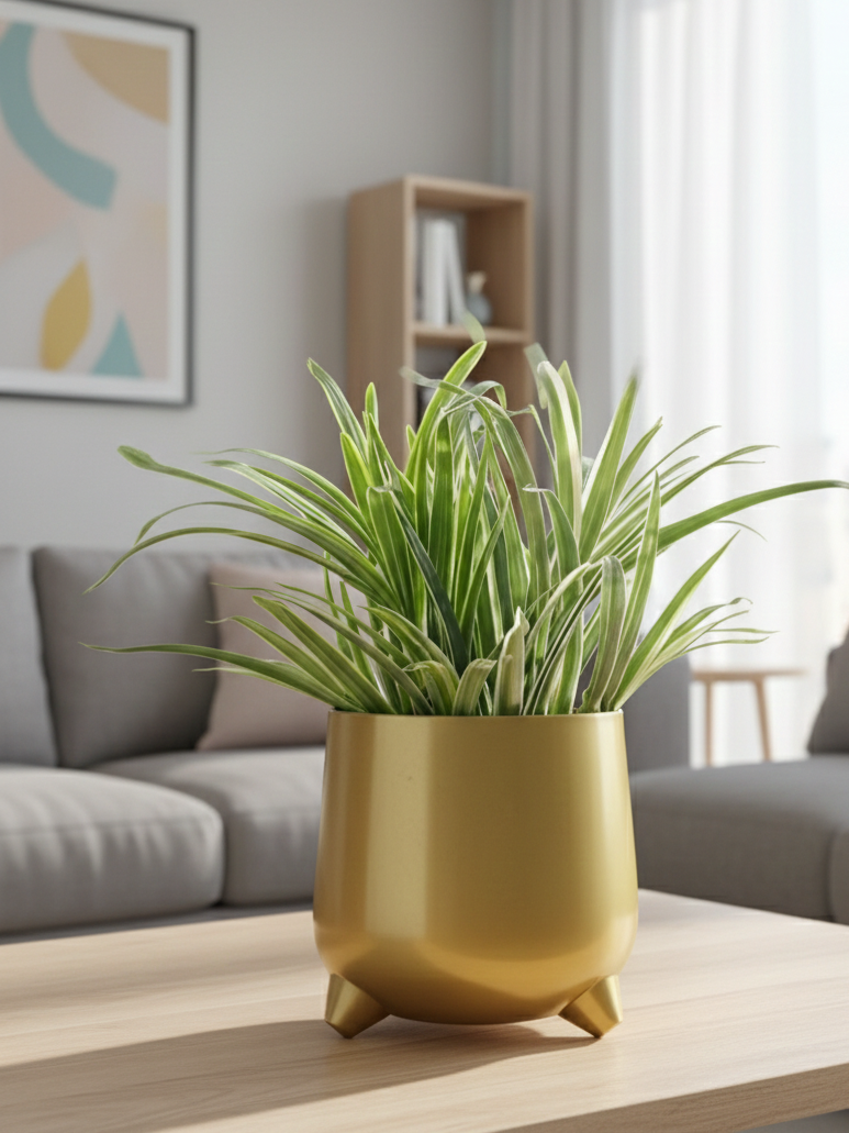 Gold pot with green plant on a wooden table in a living room setting