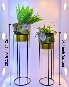 Metal Plant Stands with Patterned Pots – Set of 2 Tall Indoor Planters
