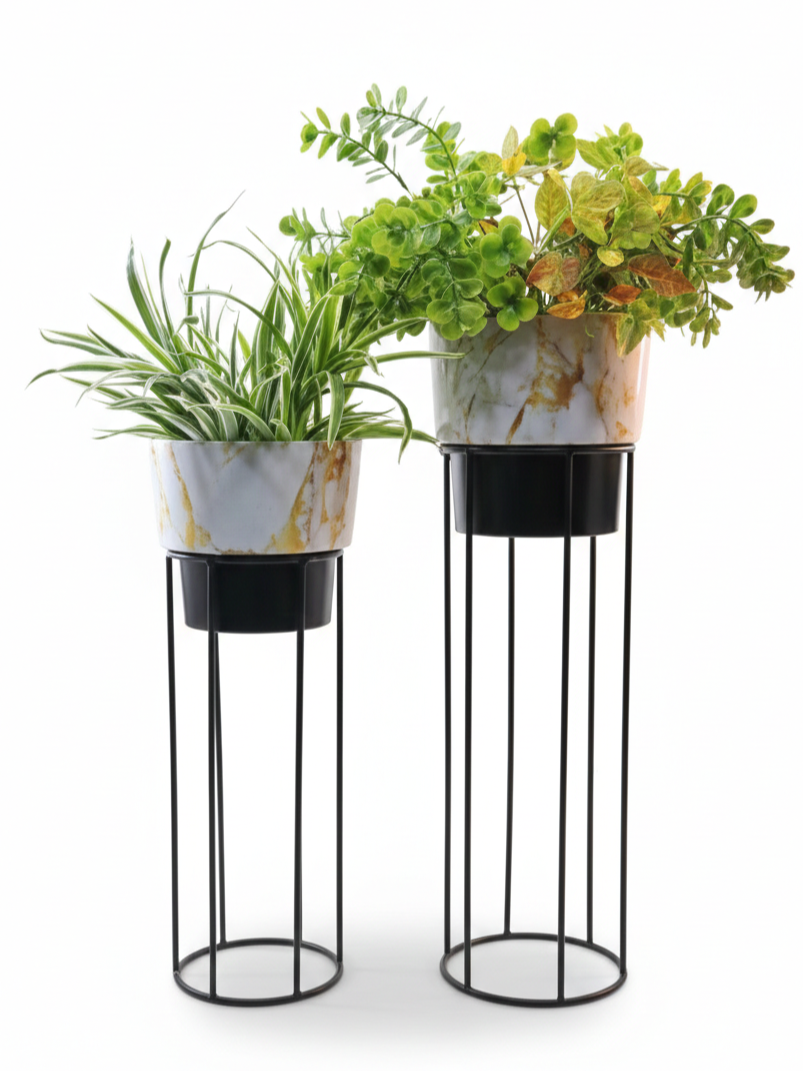 Metal Plant Stands with Patterned Pots – Set of 2 Tall Indoor Planters