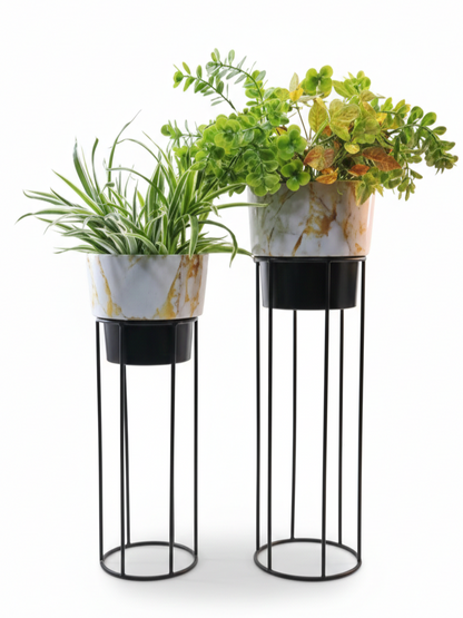 Metal Plant Stands with Patterned Pots – Set of 2 Tall Indoor Planters