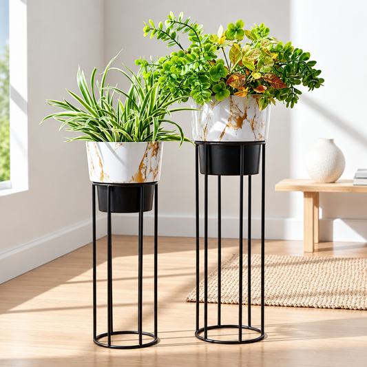 Metal Plant Stands with Patterned Pots Set of 2