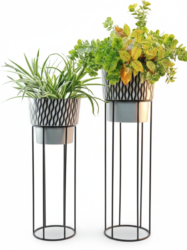 Metal Plant Stands with Patterned Pots – Set of 2 Tall Indoor Planters