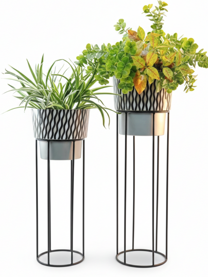 Metal Plant Stands with Patterned Pots – Set of 2 Tall Indoor Planters