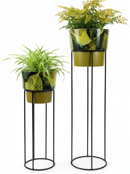 Metal Plant Stands with Patterned Pots – Set of 2 Tall Indoor Planters