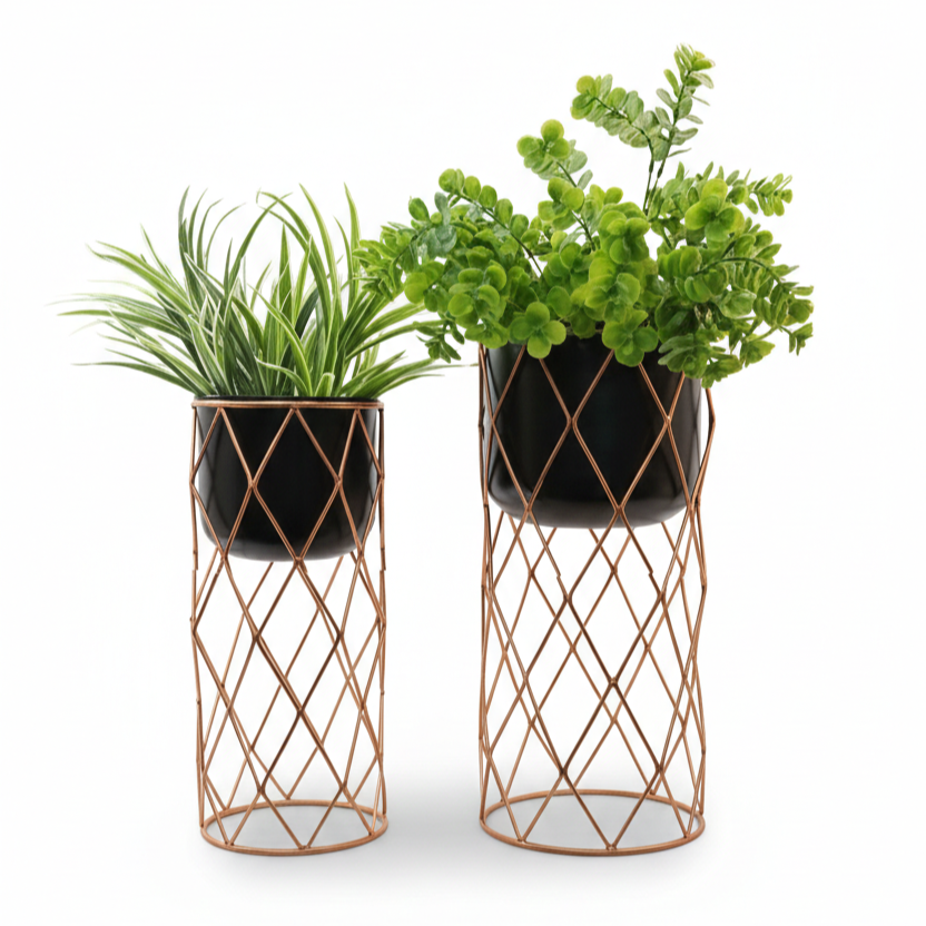 Diamond Grid Stand Planters – set of 2 Modern Metal Planter Set
