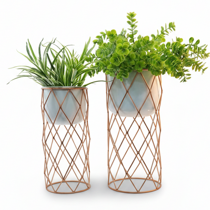 Diamond Grid Stand Planters – set of 2 Modern Metal Planter Set