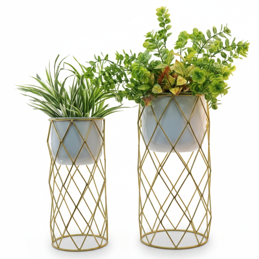 Diamond Grid Stand Planters – set of 2 Modern Metal Planter Set