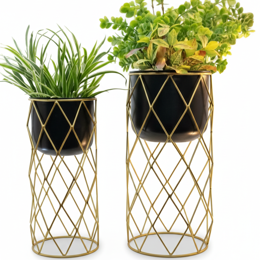 Diamond Grid Stand Planters – set of 2 Modern Metal Planter Set