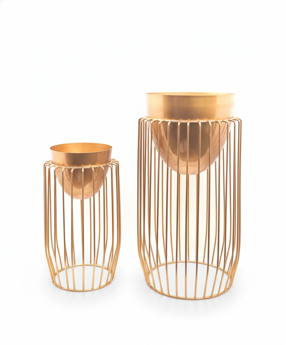 Rose Gold Metal Cage Planters Set of 2 Modern