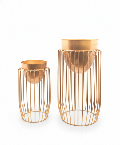 Rose Gold Metal Cage Planters Set of 2 Modern