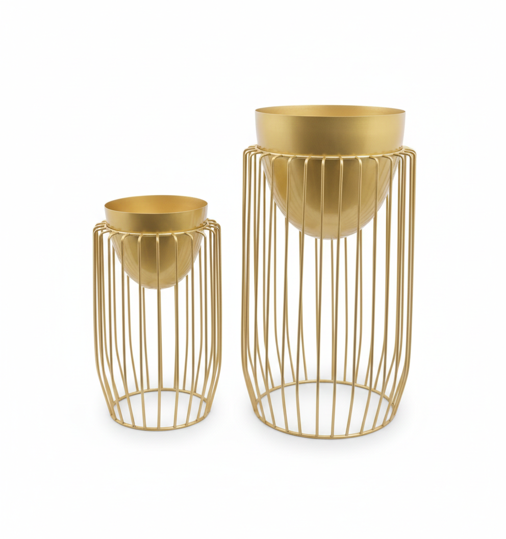 Rose Gold Metal Cage Planters Set of 2 Modern