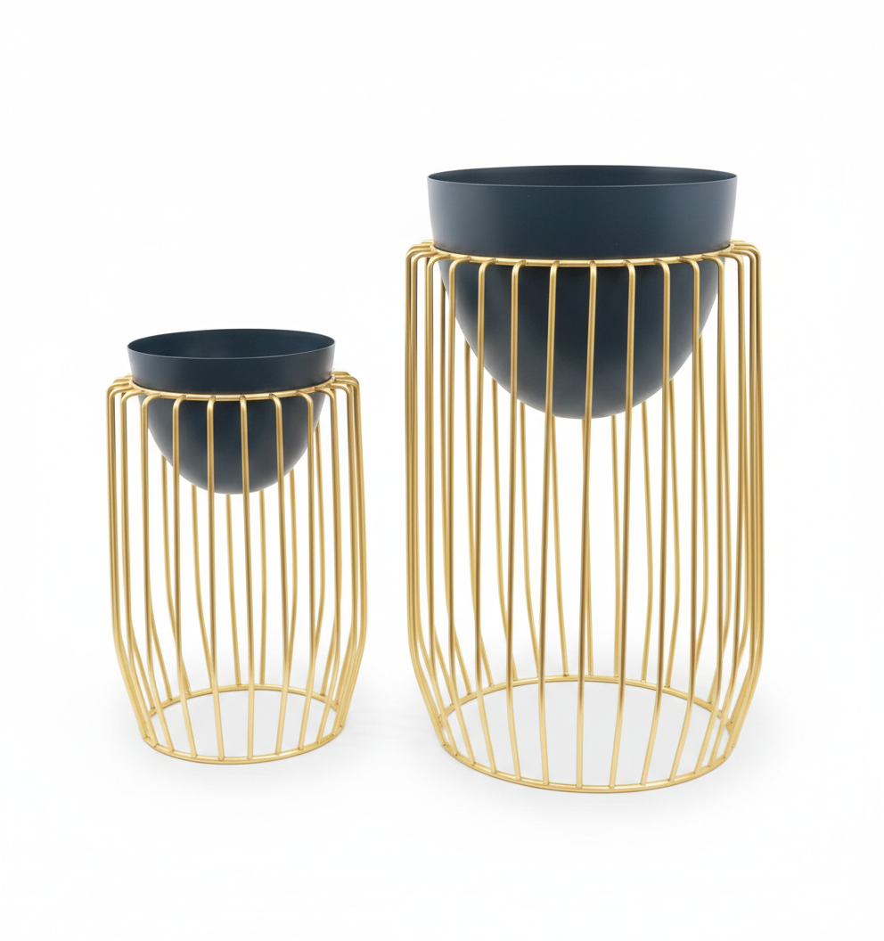 Rose Gold Metal Cage Planters Set of 2 Modern
