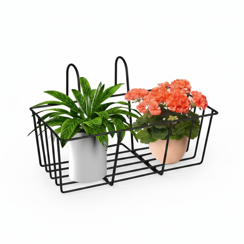 Black metal plant holder with two potted plants on a white background