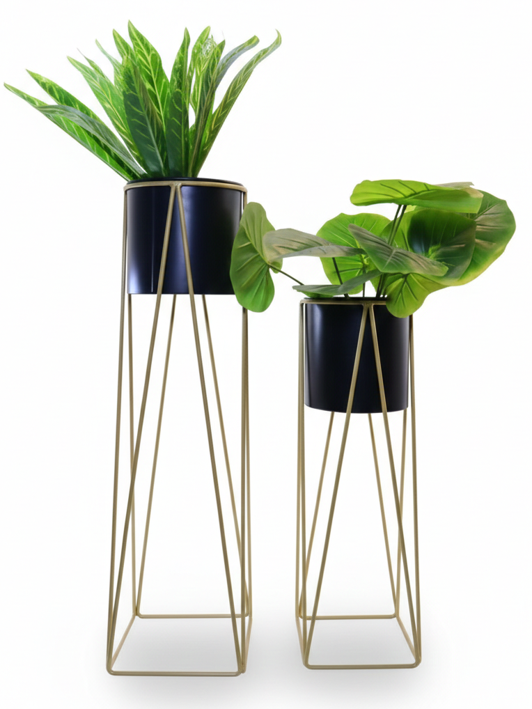 Metal Plant Stands with Cylindrical Pots – Set of 2 Modern Planters