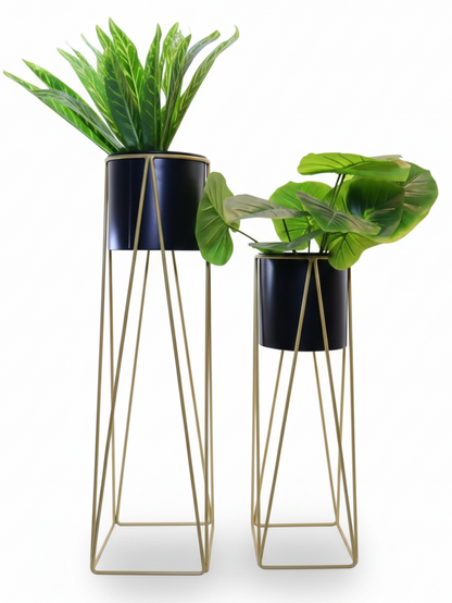 Metal Plant Stands with Cylindrical Pots – Set of 2 Modern Planters