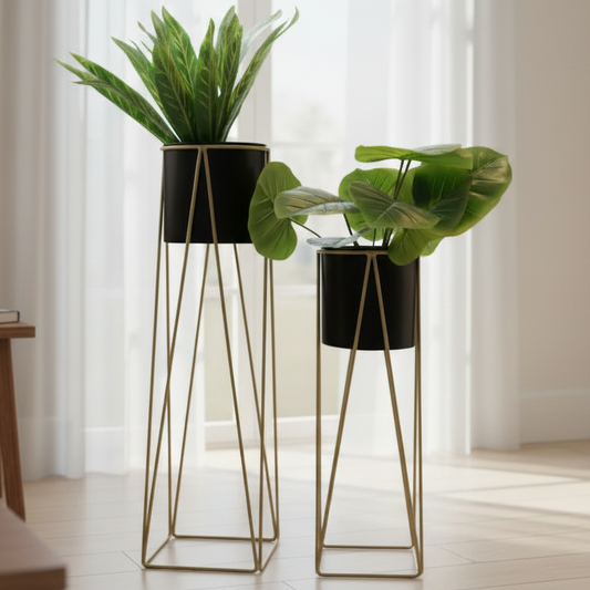 Metal Plant Stands with Cylindrical Pots Set of 2