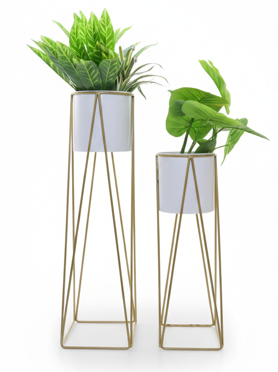 Metal Plant Stands with Cylindrical Pots – Set of 2 Modern Planters