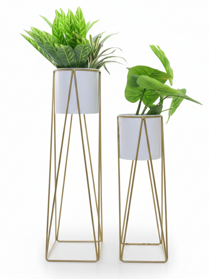 Metal Plant Stands with Cylindrical Pots – Set of 2 Modern Planters