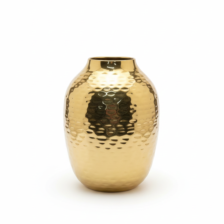 Gold metallic vase with a textured surface on a white background