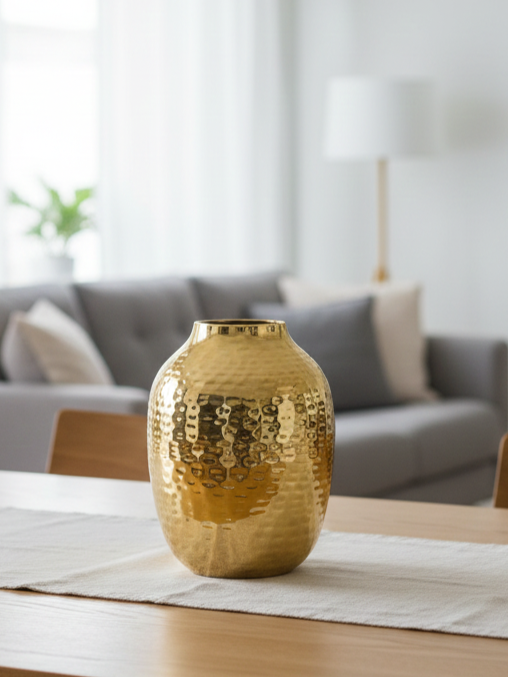 Gold vase on a table with a blurred living room background