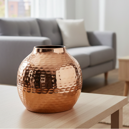 Copper vase on a table in a living room with a gray sofa and abstract painting.