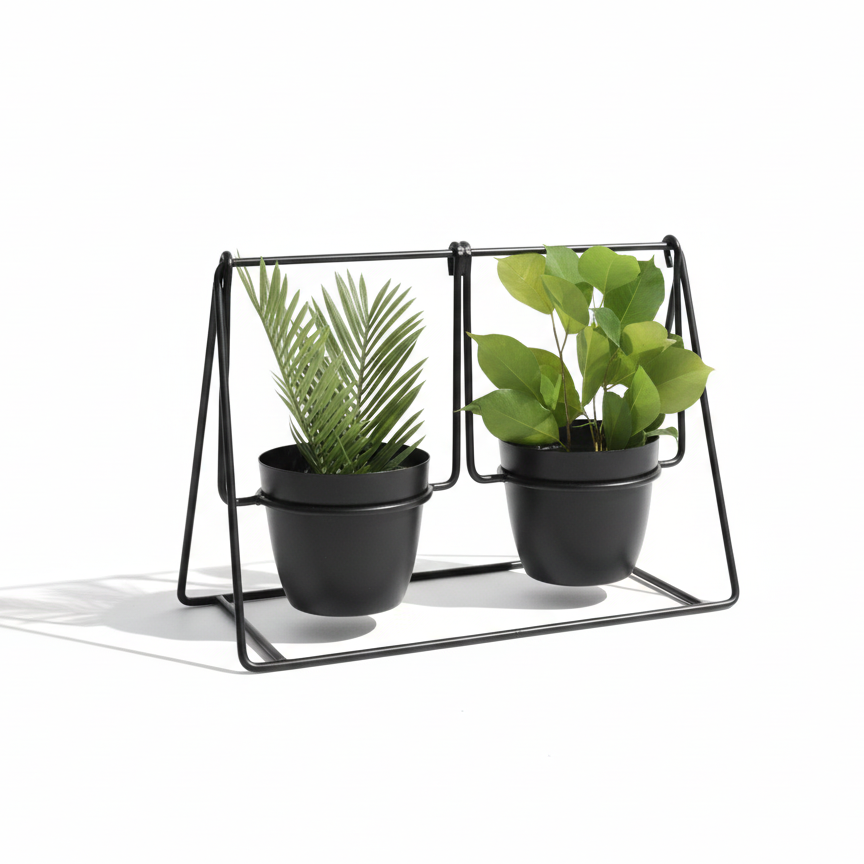 Black metal plant stand with two potted plants on a white background