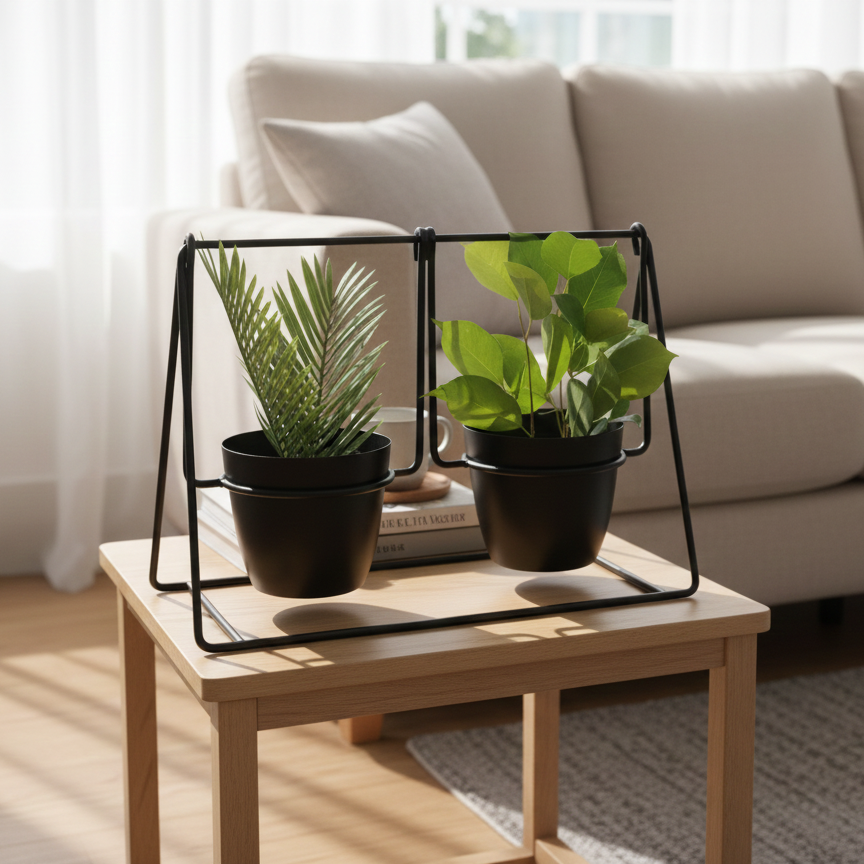Two potted plants on a wooden table with a sofa in the background
