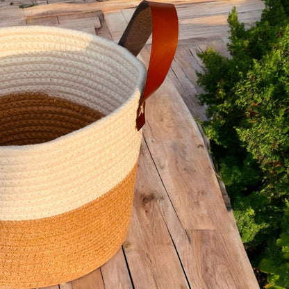 Versatile Round Jute Basket with PU Handle – Hamper, Fruit & Gift Basket (9.5″X7″)