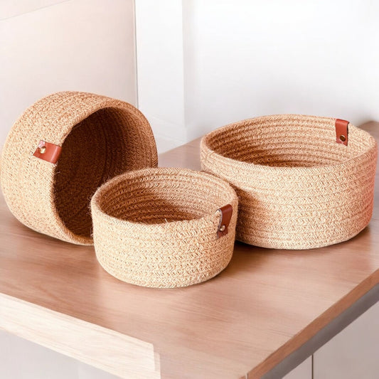 Multipurpose Jute Round Basket Set – Pack of 3 Storage/Shelf Baskets (8×4, 7×3.5, 6×3 inch)