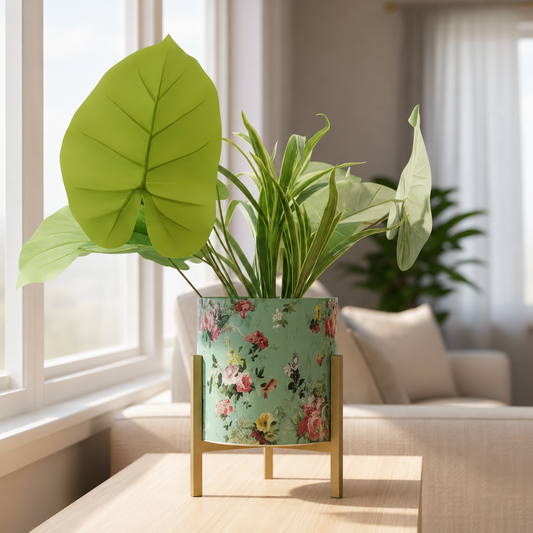 Printed Metal Pot with Wooden Stand – Multicolor Variants