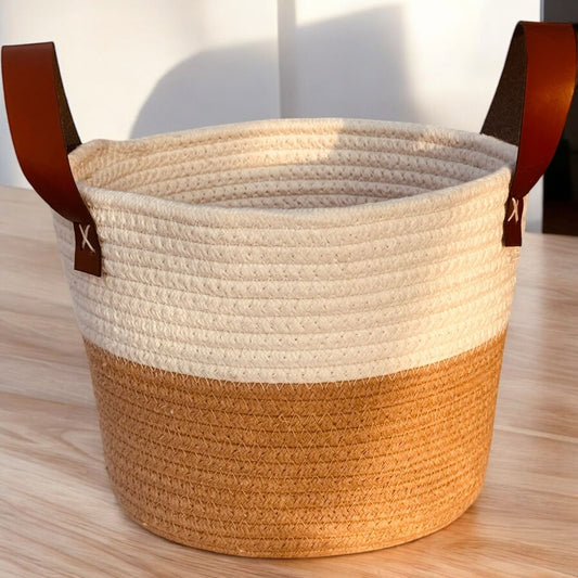 Versatile Round Jute Basket with PU Handle – Hamper, Fruit & Gift Basket (9.5″X7″)