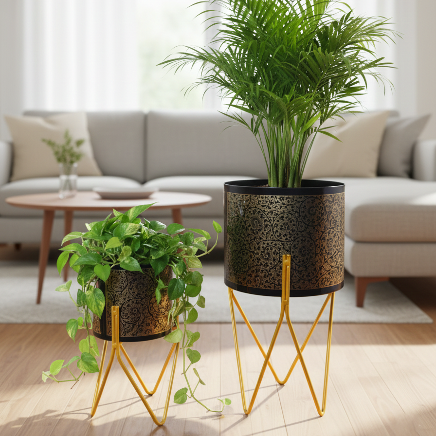 Two potted plants on decorative stands in a living room setting.