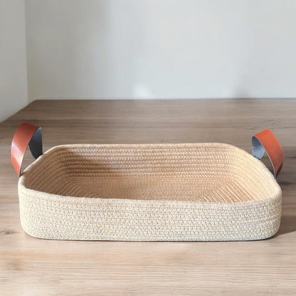 Handcrafted Rectangular Jute Basket with Leather Handle (14″x8″x3″)