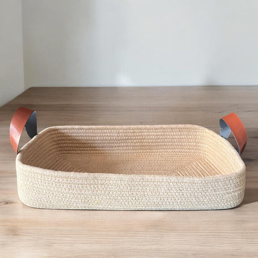 Handcrafted Rectangular Jute Basket with Leather Handle (14″x8″x3″)