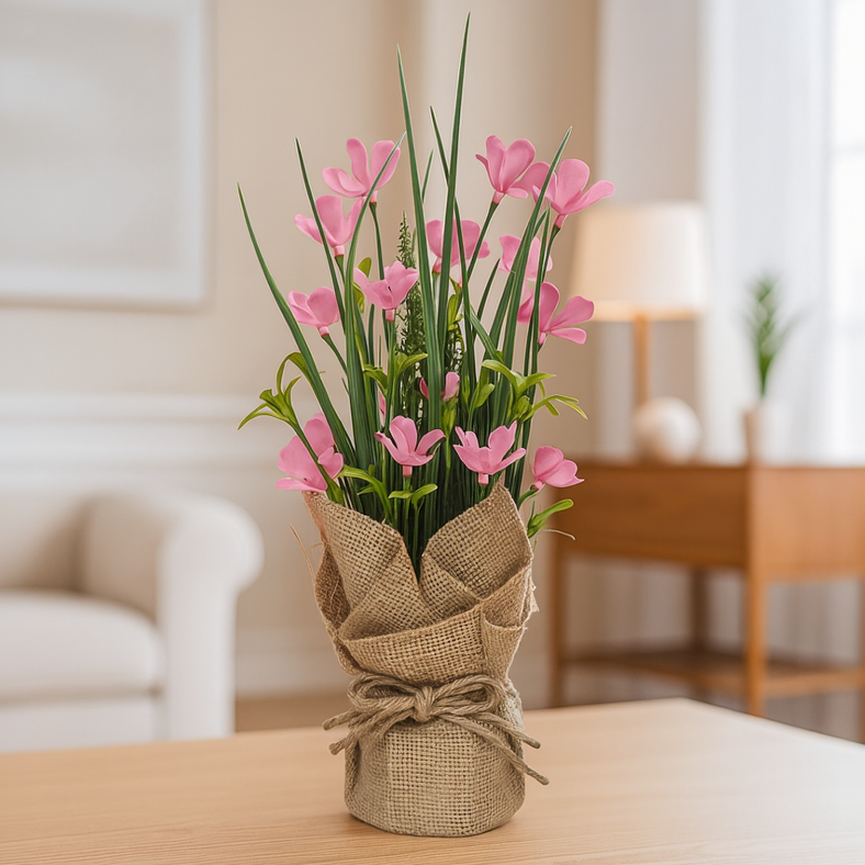 Cloth Wildflower Arrangement in Burlap Sack Pot