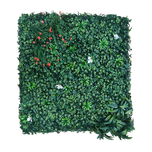 Square artificial green wall panel with various greenery on a white background