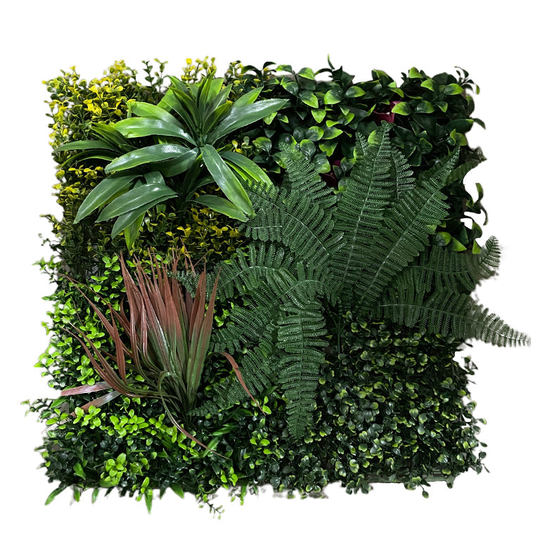 Artificial green wall with various types of plants on a white background