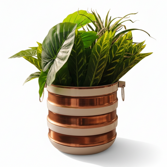 Decorative plant pot with a copper and beige design on a white background